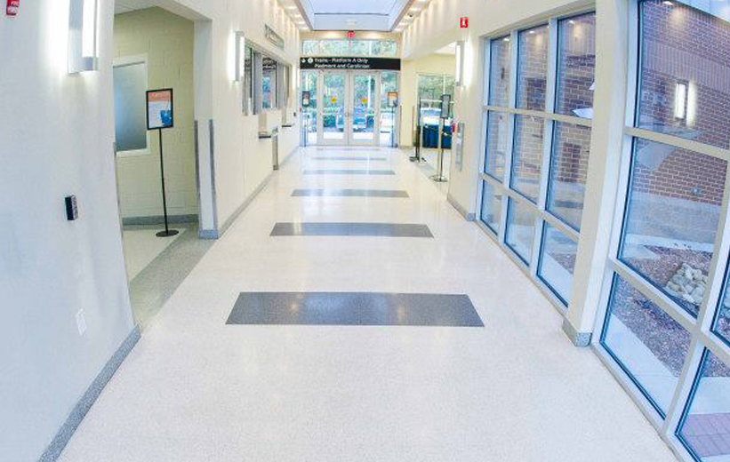 Terrazzo flooring design in hallway corridor at Cary Train Depot in North Carolina