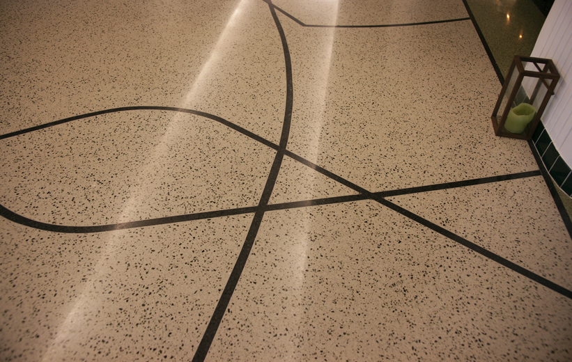 Epoxy terrazzo flooring with interesting floor design at the James Royal Palms Hotel