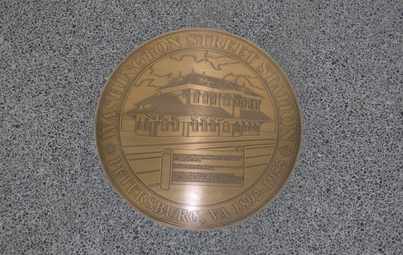 Washington Street Station brass seal in terrazzo